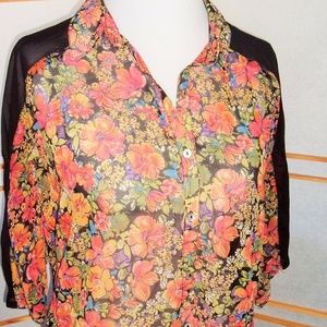Boho Semi Sheer Floral Print Button front top XS